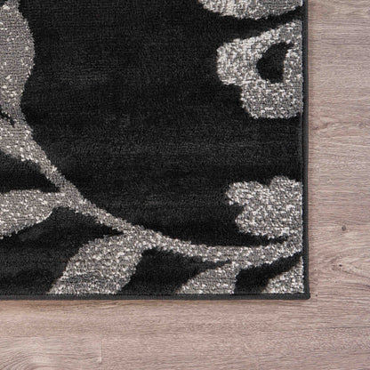 5' X 7' Black Gray and White Floral Vines Area Rug