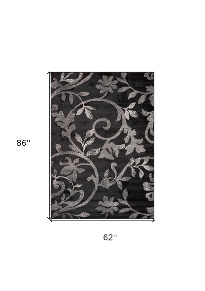 5' X 7' Black Gray and White Floral Vines Area Rug