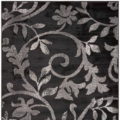 5' X 7' Black Gray and White Floral Vines Area Rug