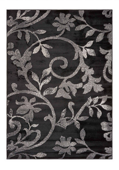 5' X 7' Black Gray and White Floral Vines Area Rug