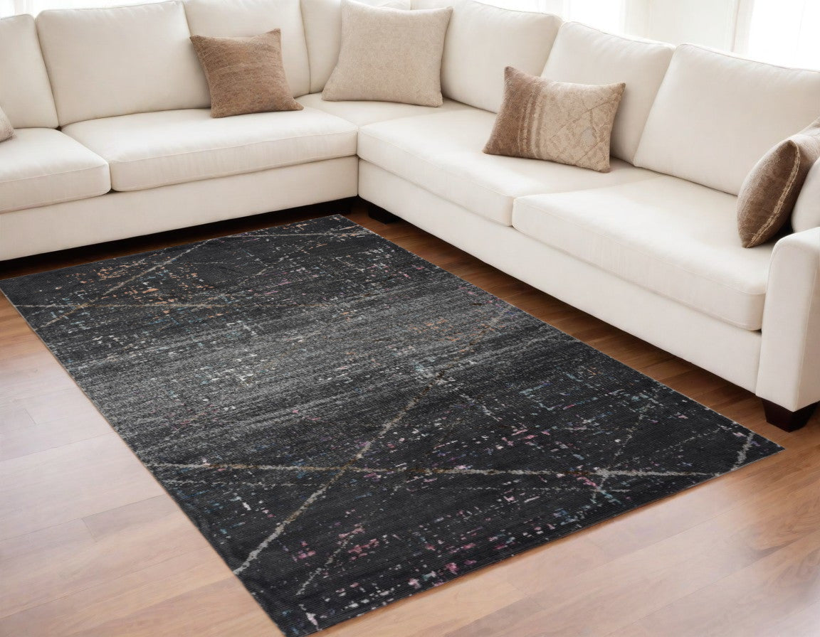 5' X 8' Distressed Black Abstract Area Rug