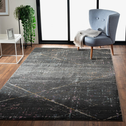 5' X 8' Distressed Black Abstract Area Rug