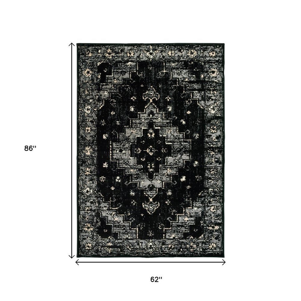 5' X 7' Black Medallion Oriental Area Rug