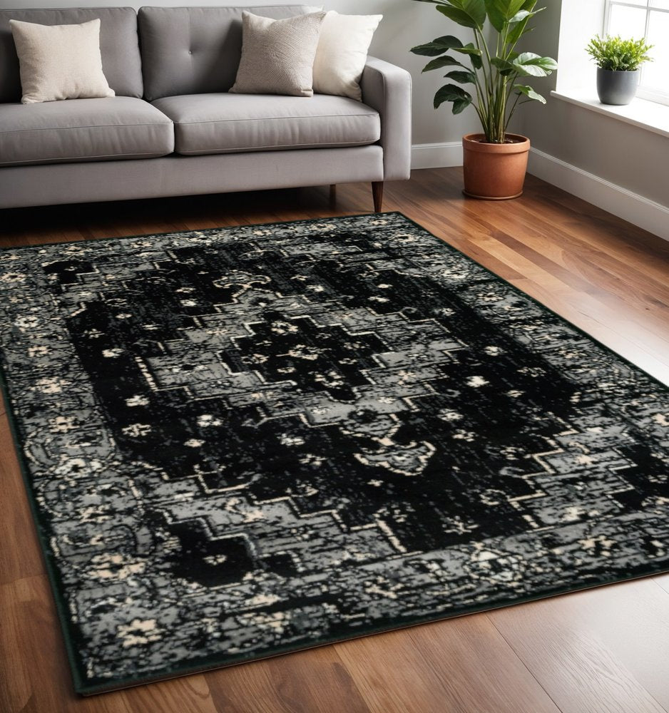 5' X 7' Black Medallion Oriental Area Rug