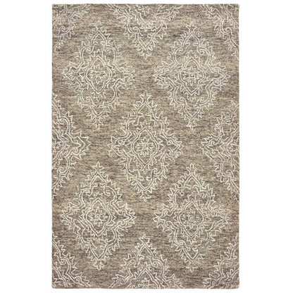 9' X 12' Khaki and White Damask Area Rug