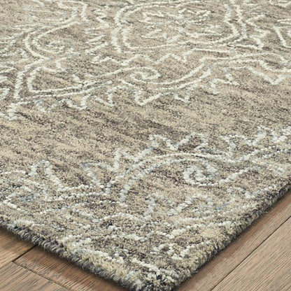 9' X 12' Khaki and White Damask Area Rug