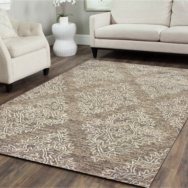 9' X 12' Khaki and White Damask Area Rug