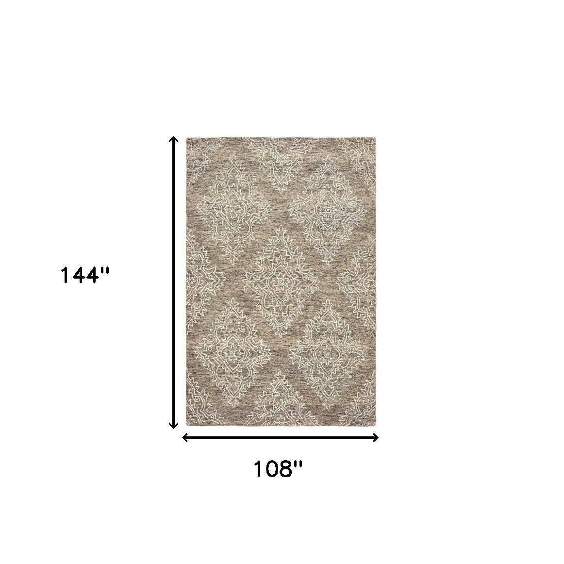 9' X 12' Khaki and White Damask Area Rug