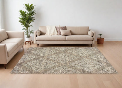 9' X 12' Khaki and White Damask Area Rug