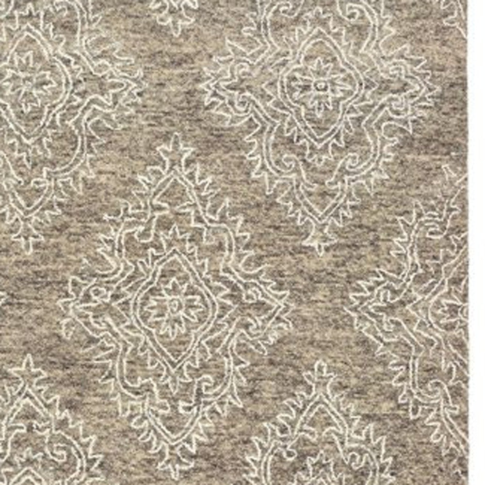 9' X 12' Khaki and White Damask Area Rug