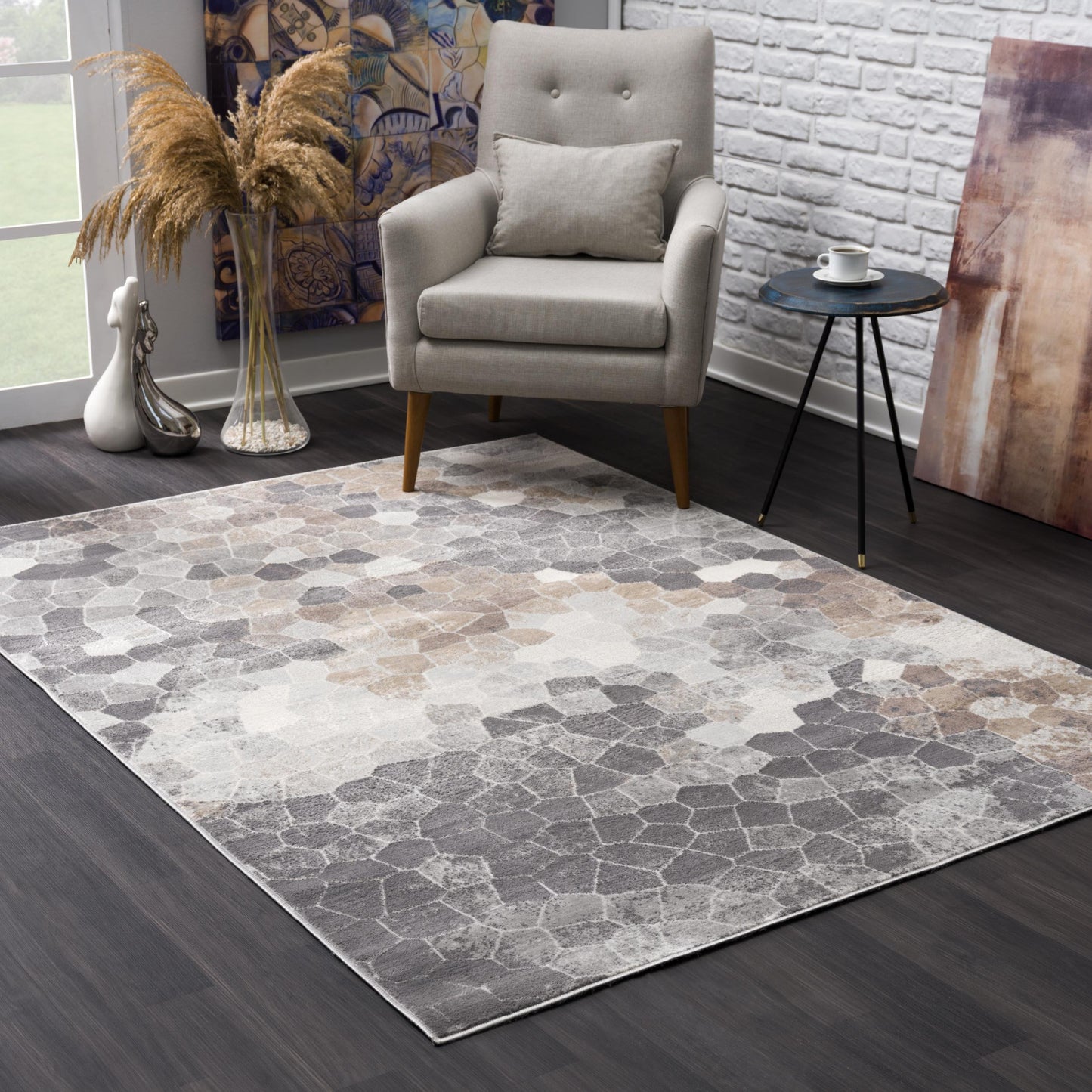 4' X 6' Beige Cobblestone Pattern Area Rug