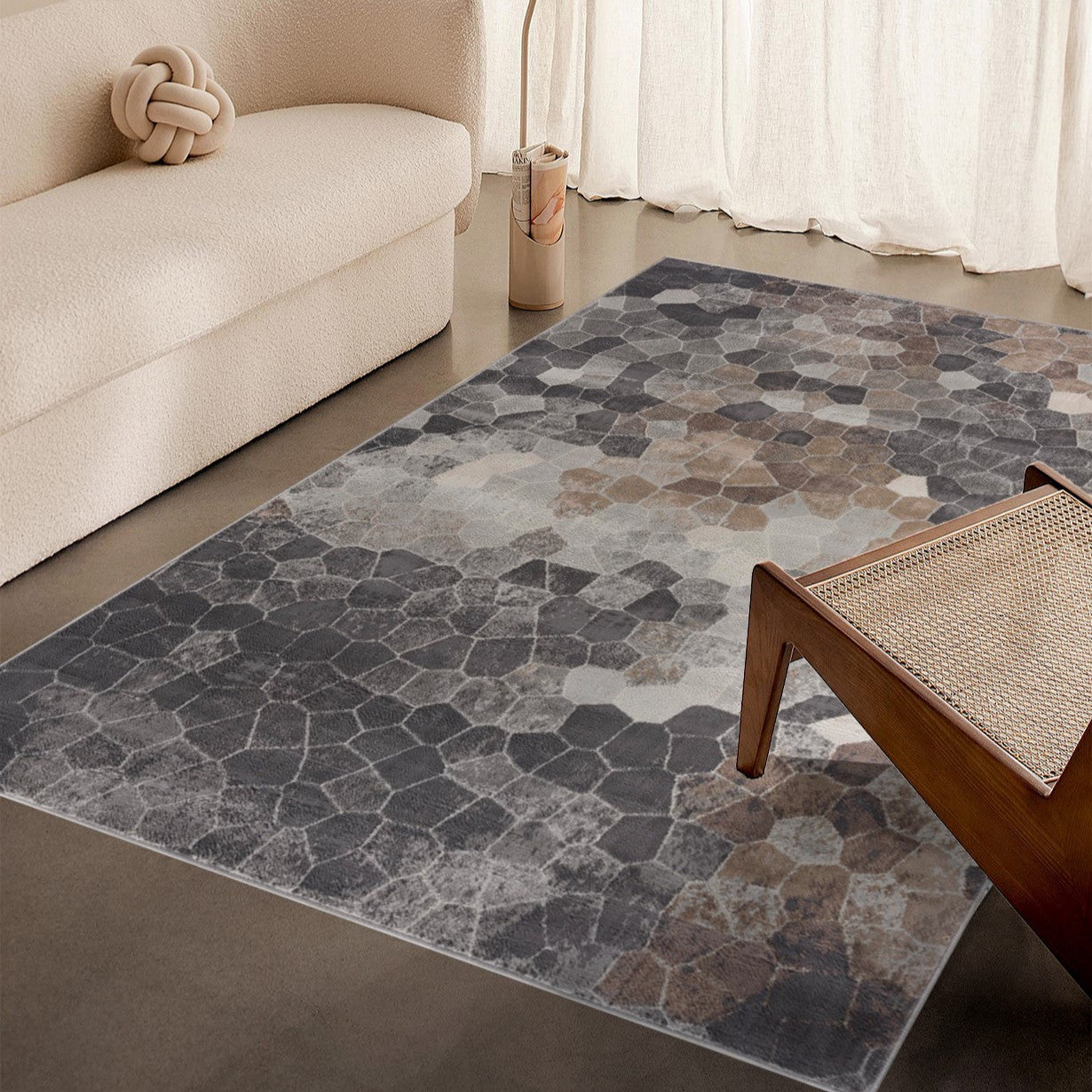 4' X 6' Beige Cobblestone Pattern Area Rug