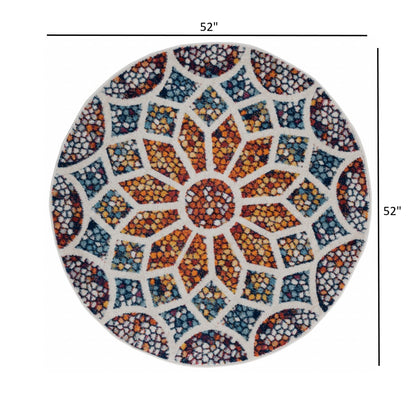 4' Round Multicolored Floral Mosaic Area Rug