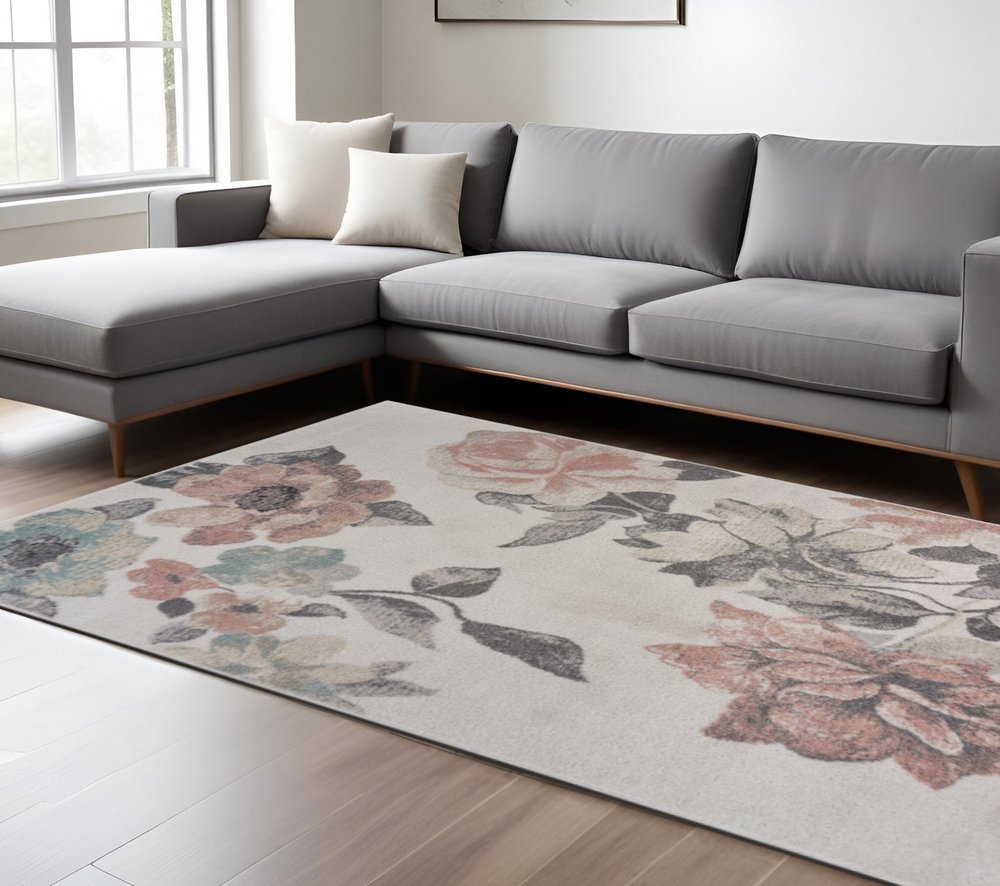 5' X 7' Ivory Blooming Rose Area Rug