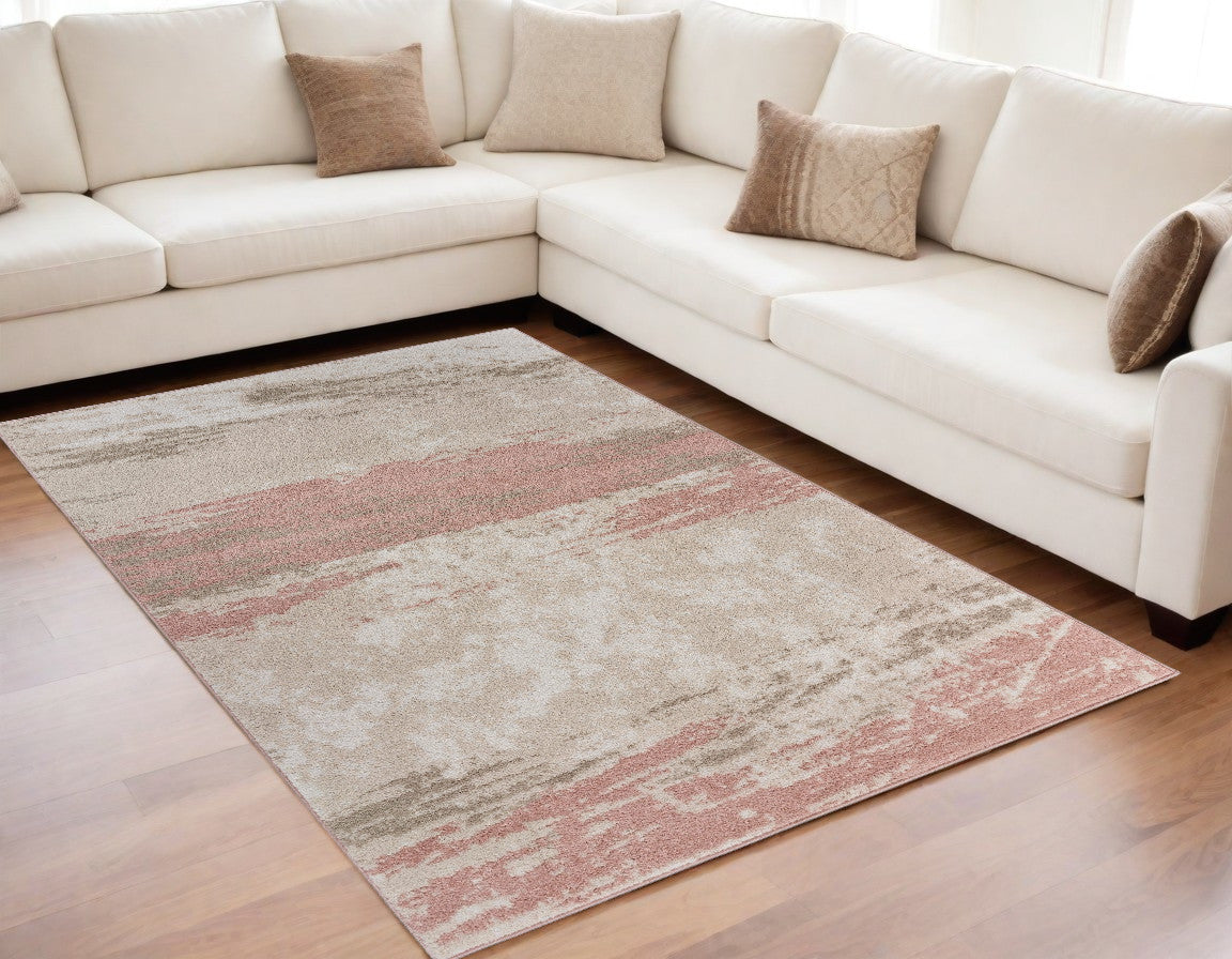 8' X 10' Ivory Beige and Blush Abstract Area Rug