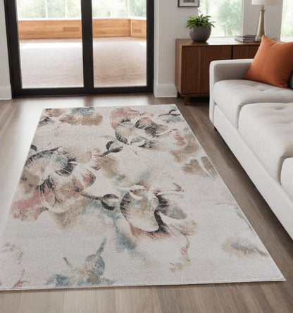 5' X 7' Ivory Soft Floral Artwork Area Rug