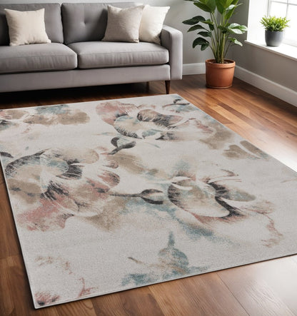 8' X 10' Ivory Soft Floral Artwork Area Rug