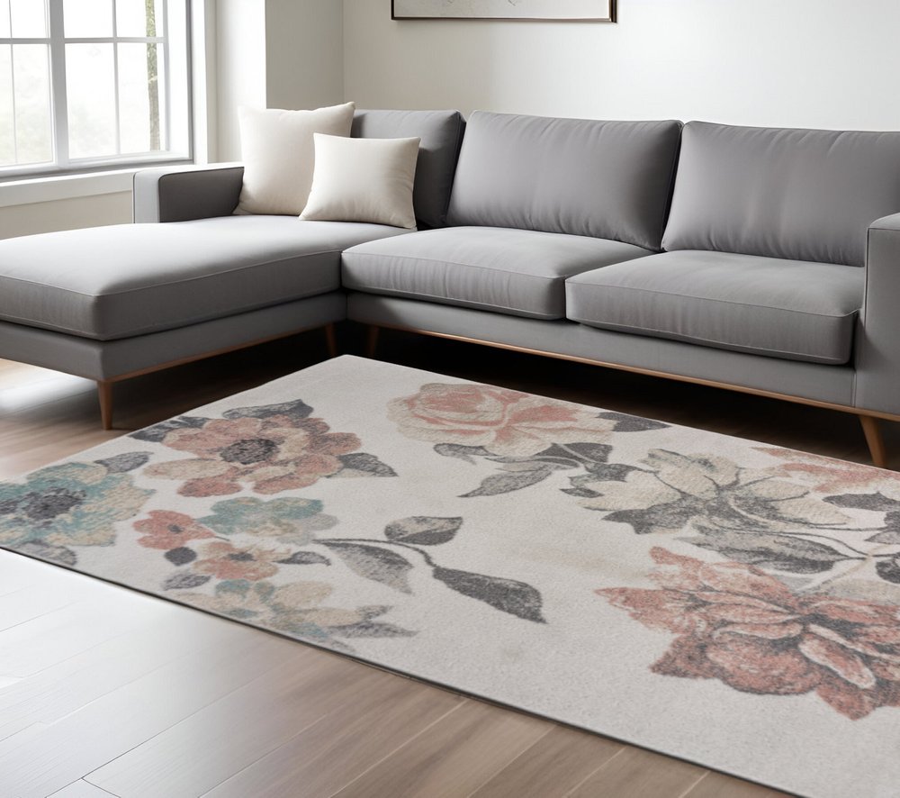 8' X 10' Ivory Soft Floral Artwork Area Rug