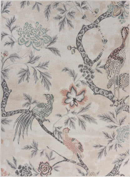 8' X 10' Soft Beige Birds and Trees Area Rug