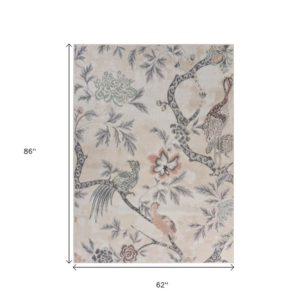 8' X 10' Soft Beige Birds and Trees Area Rug