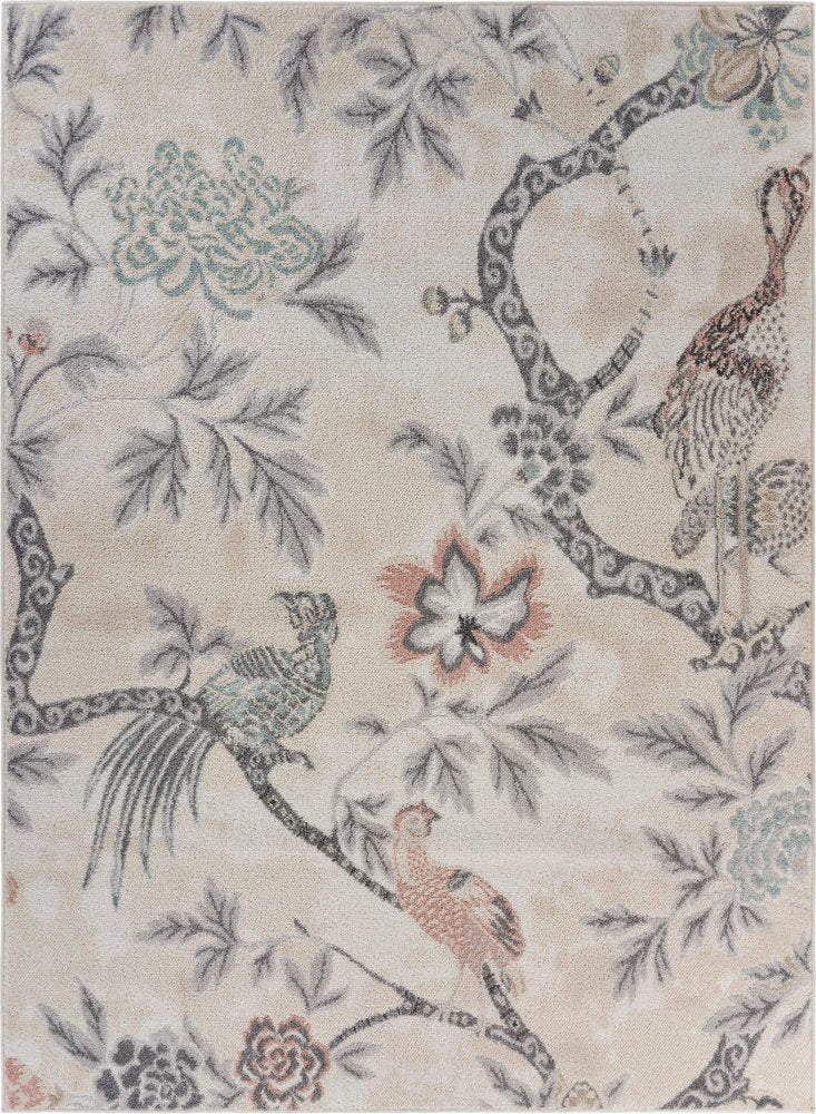 8' X 10' Soft Beige Birds and Trees Area Rug