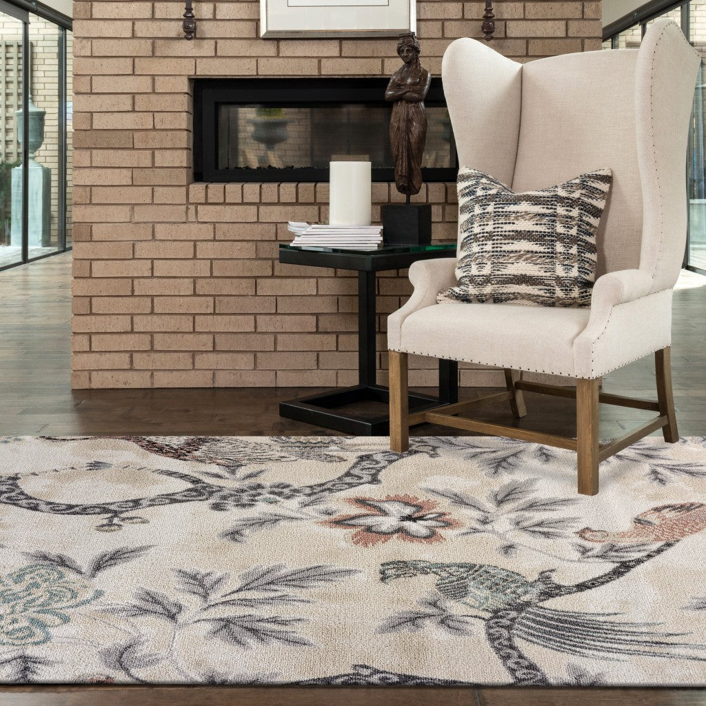 8' X 10' Soft Beige Birds and Trees Area Rug