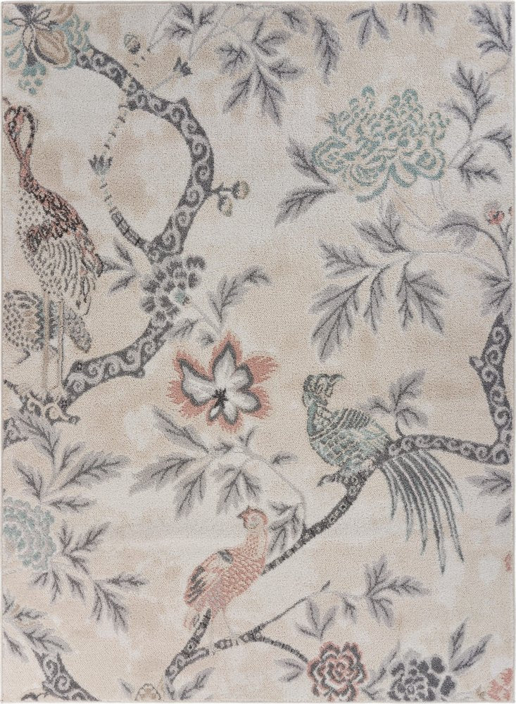 5' X 7' Soft Beige Birds and Trees Area Rug