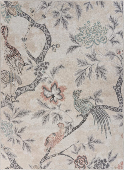 5' X 7' Soft Beige Birds and Trees Area Rug