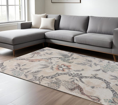 5' X 7' Soft Beige Birds and Trees Area Rug