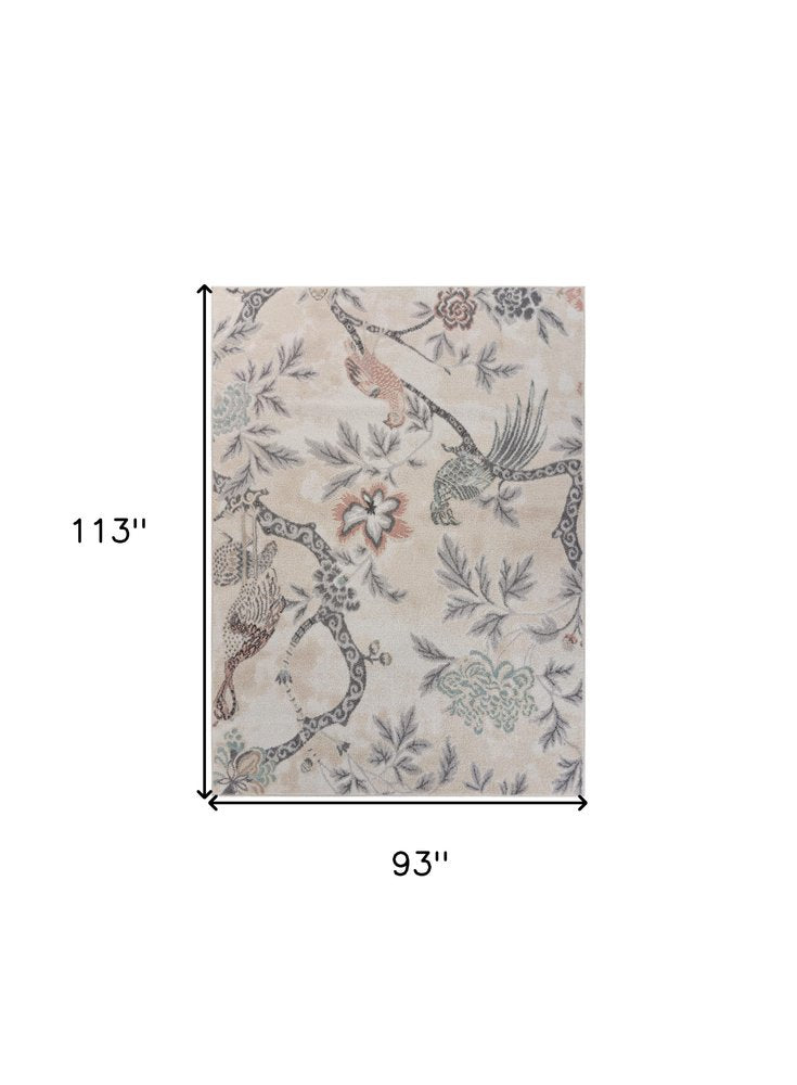 8' X 10' Soft Beige Birds and Trees Area Rug