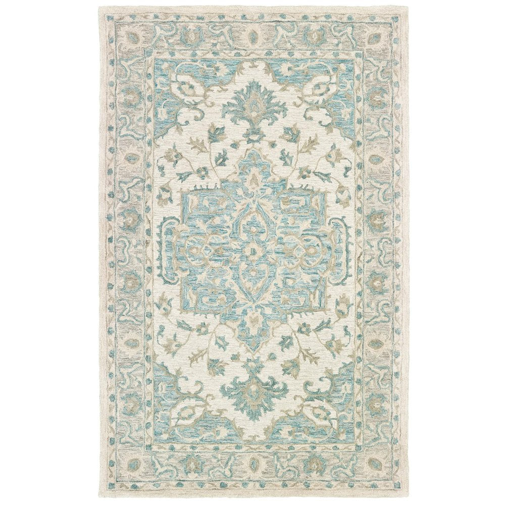 5' X 8' Turquoise and Cream Medallion Area Rug