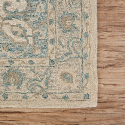 5' X 8' Turquoise and Cream Medallion Area Rug