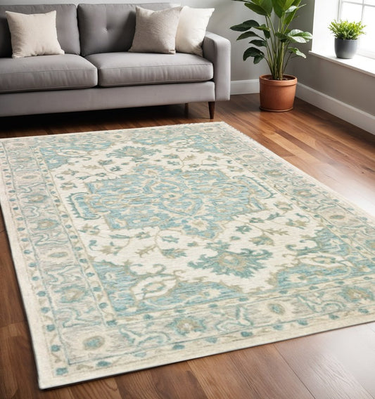 9' X 12' Turquoise and Cream Medallion Area Rug