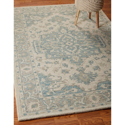 5' X 8' Turquoise and Cream Medallion Area Rug