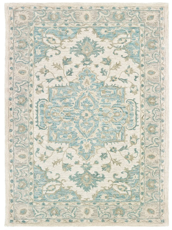 5' X 8' Turquoise and Cream Medallion Area Rug