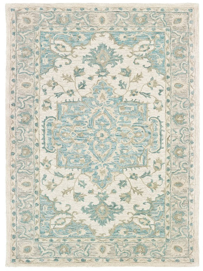 5' X 8' Turquoise and Cream Medallion Area Rug