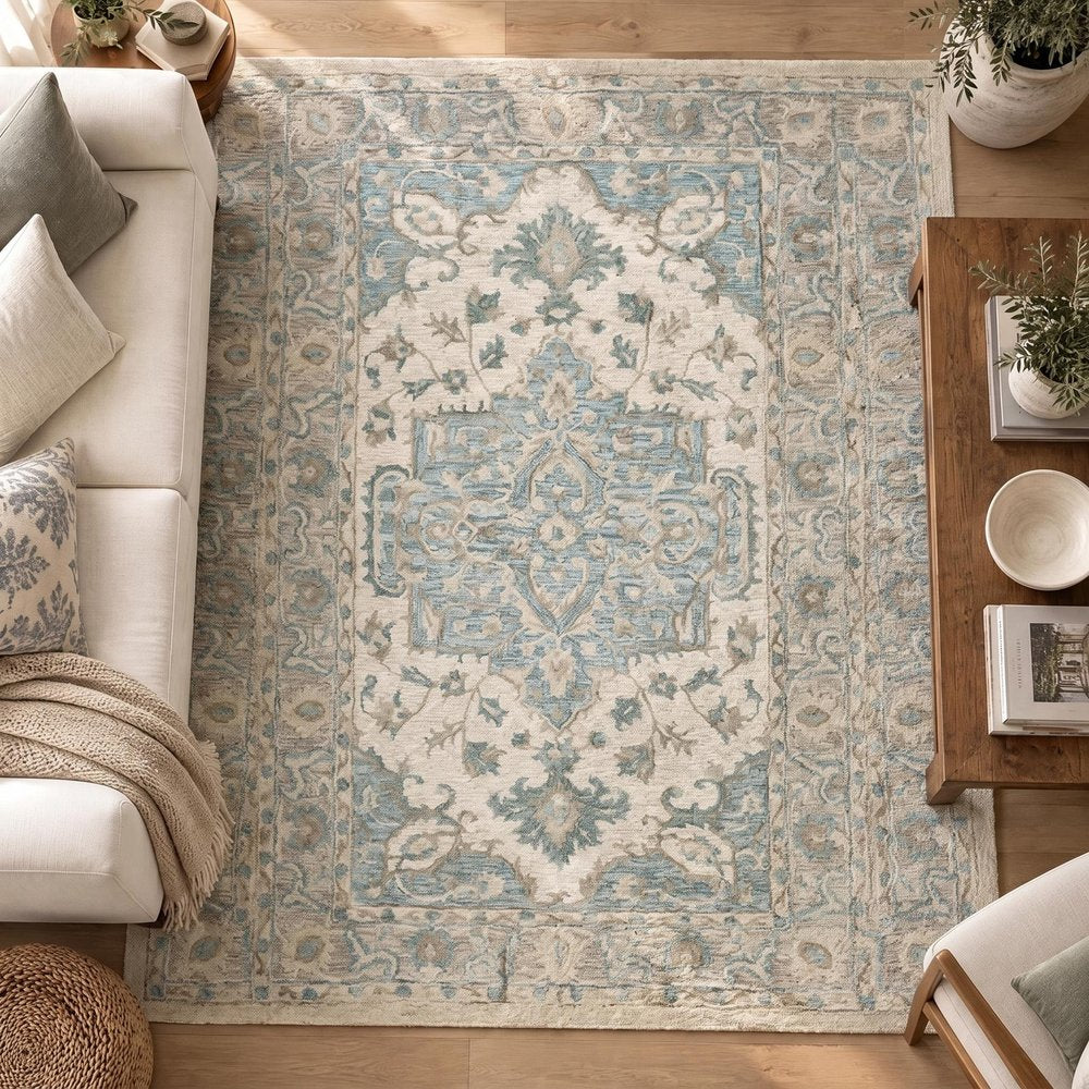 5' X 8' Turquoise and Cream Medallion Area Rug