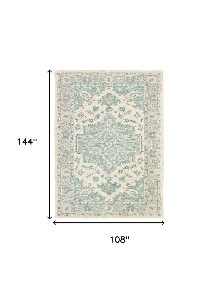 9' X 12' Turquoise and Cream Medallion Area Rug