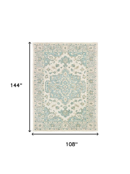 9' X 12' Turquoise and Cream Medallion Area Rug