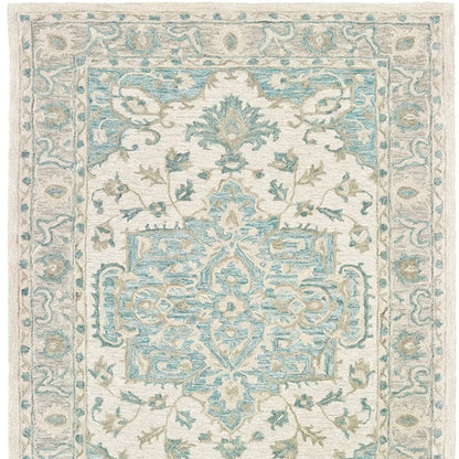 5' X 8' Turquoise and Cream Medallion Area Rug