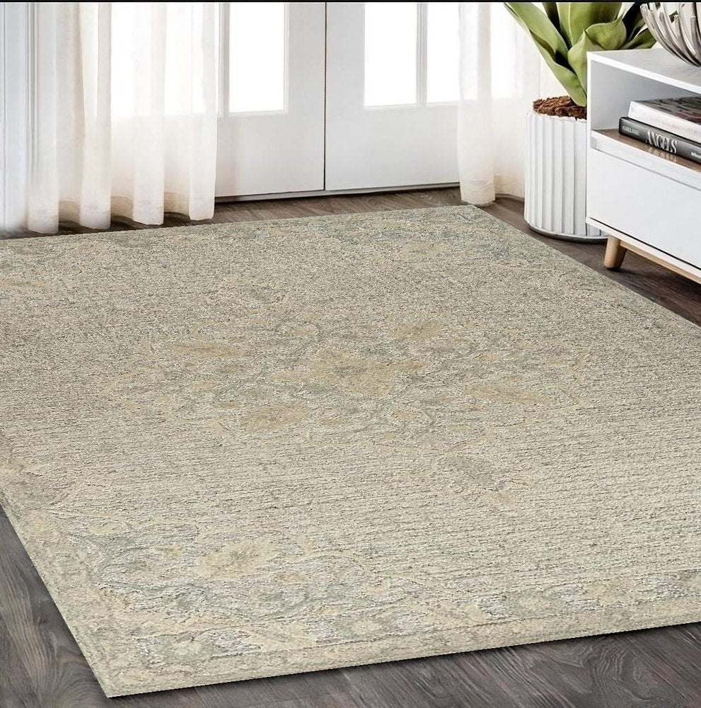 9' X 12' Beige Distressed Floral Area Rug
