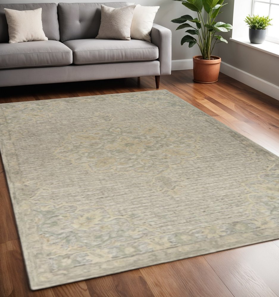 9' X 12' Blue Wool Floral Medallion Hand Tufted Area Rug