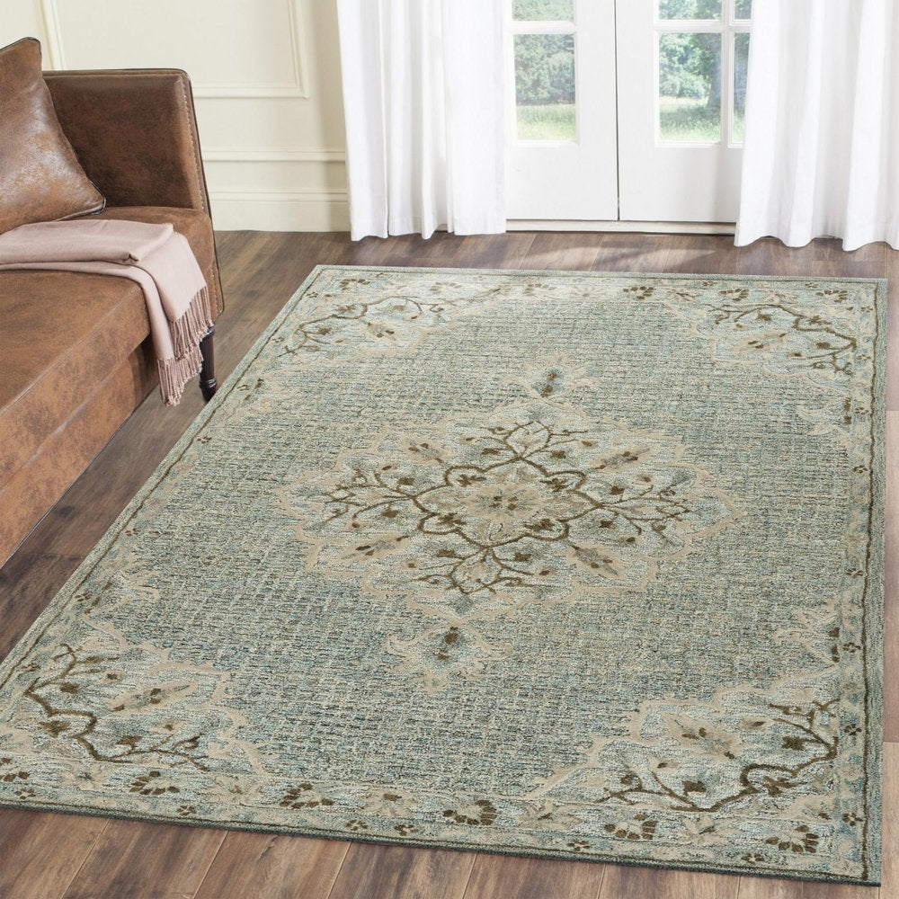 9' X 12' Blue Wool Floral Medallion Hand Tufted Area Rug