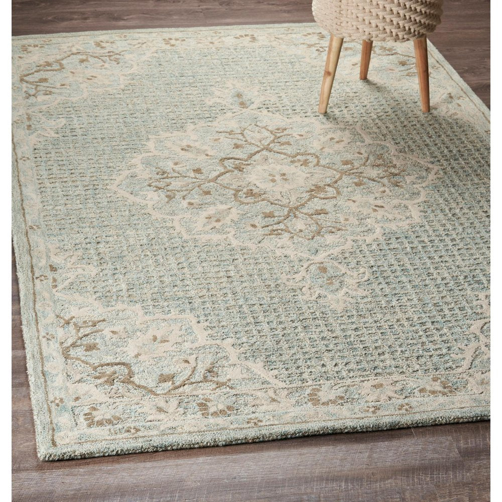 9' X 12' Blue Wool Floral Medallion Hand Tufted Area Rug