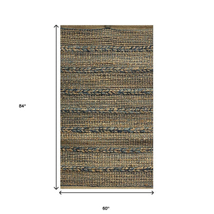 5' X 7' Tan and Blue Hand Woven Area Rug