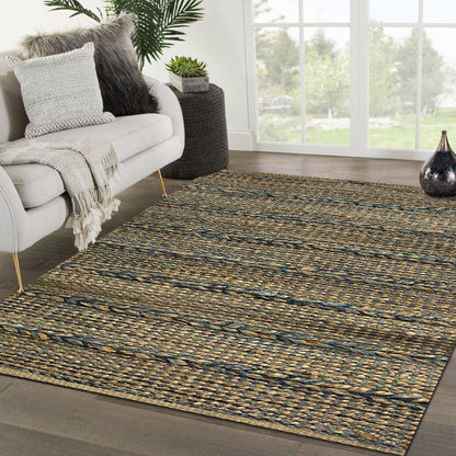 5' X 7' Tan and Blue Hand Woven Area Rug