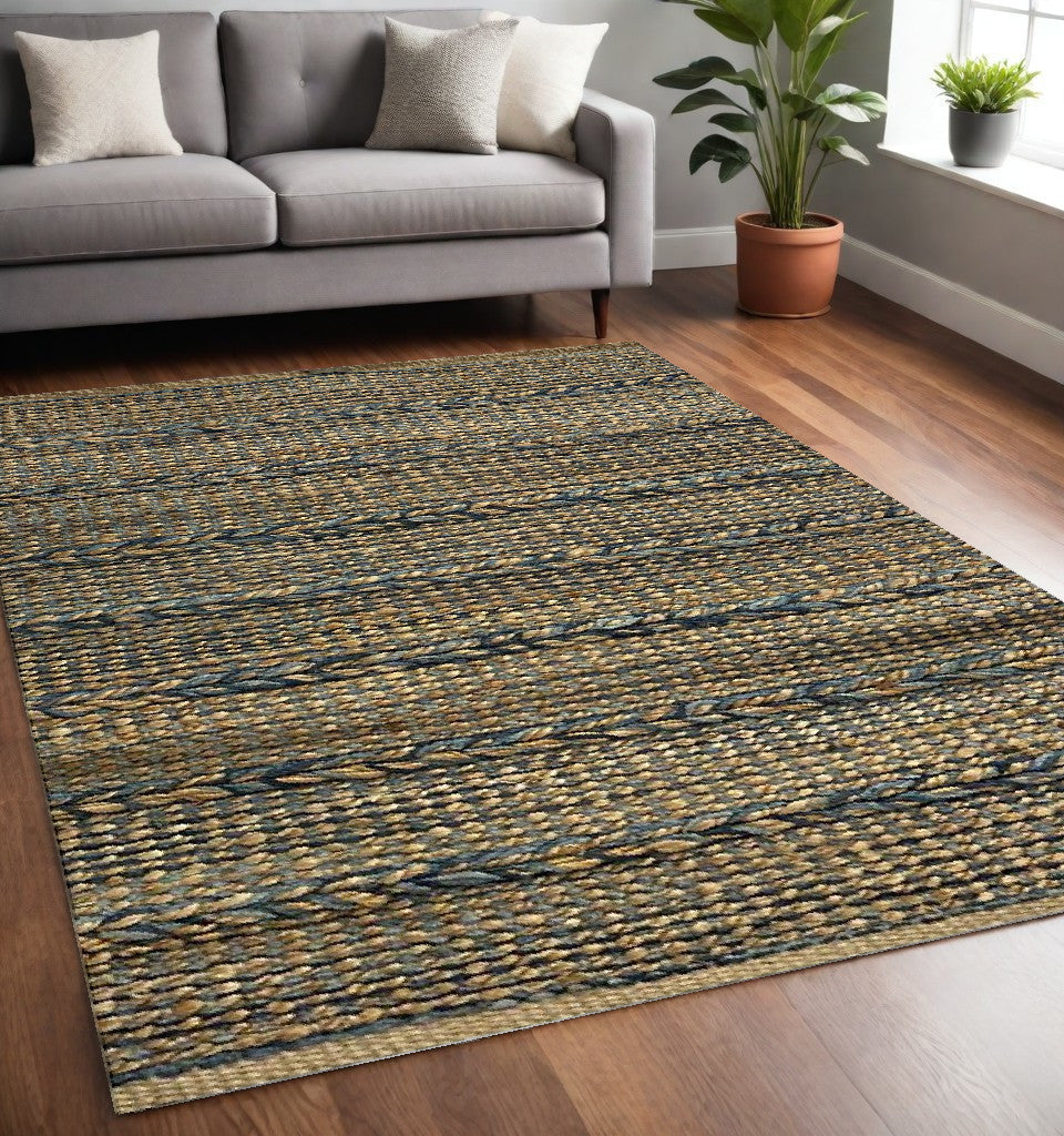 5' X 7' Tan and Blue Hand Woven Area Rug