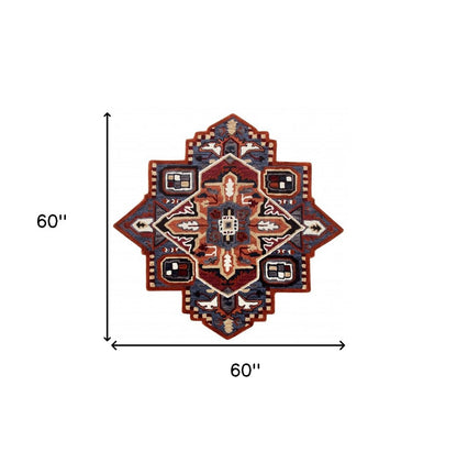 5' X 5' Blue Rust And Orange Wool Medallion Hand Tufted Area Rug