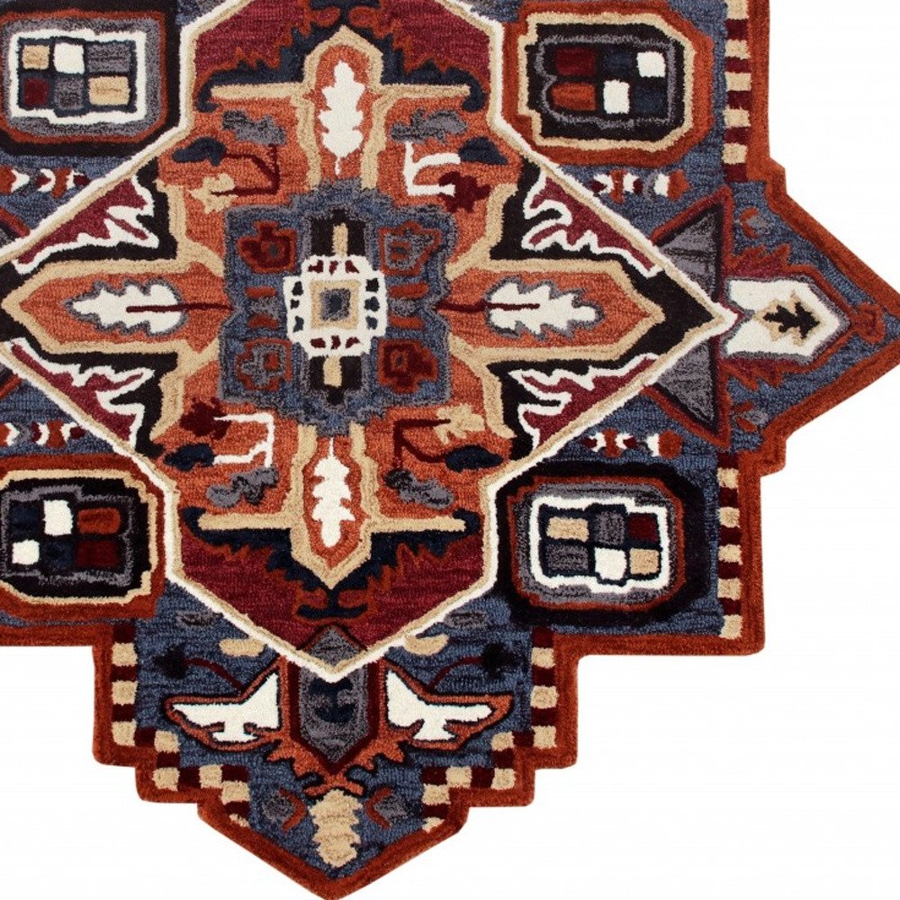 5' X 5' Blue Rust And Orange Wool Medallion Hand Tufted Area Rug
