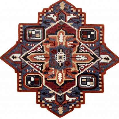 5' X 5' Blue Rust And Orange Wool Medallion Hand Tufted Area Rug